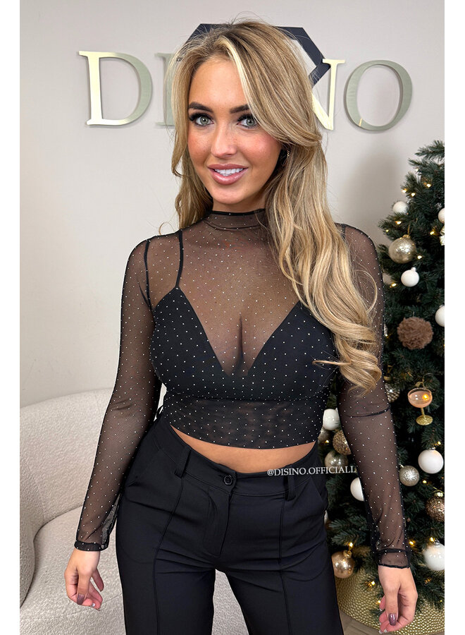 BLACK - 'SELENA TOP' - ALL OVER DIAMONDS MESH TOP + TOP INSIDE