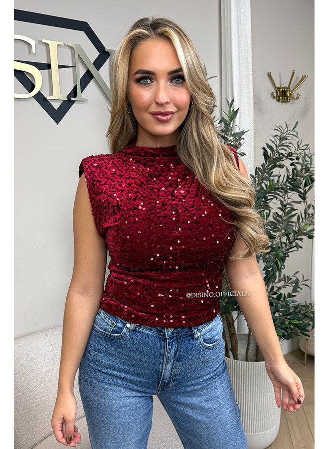 RED - 'NOELLA TOP' - VELVET SEQUIN PARTY TOP