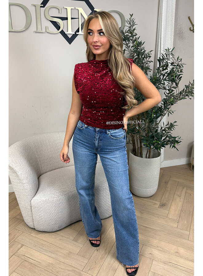 RED - 'NOELLA TOP' - VELVET SEQUIN PARTY TOP