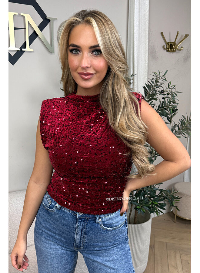 RED - 'NOELLA TOP' - VELVET SEQUIN PARTY TOP
