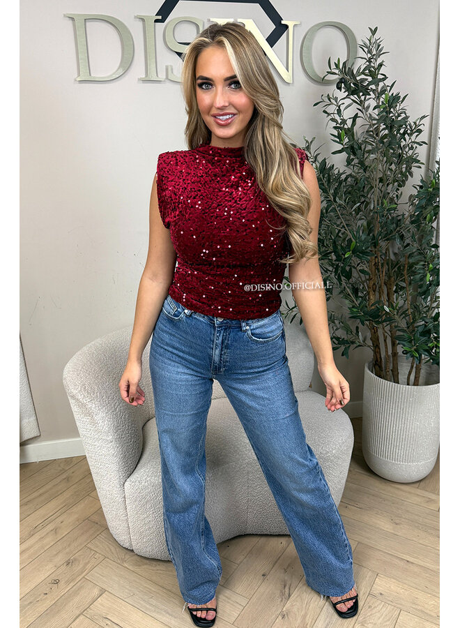 RED - 'NOELLA TOP' - VELVET SEQUIN PARTY TOP