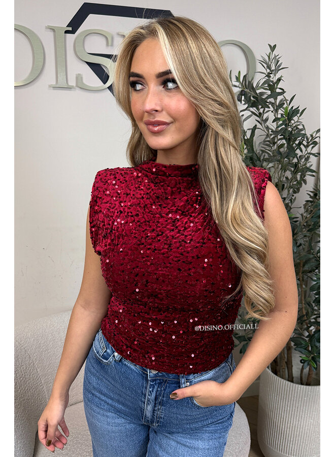 RED - 'NOELLA TOP' - VELVET SEQUIN PARTY TOP
