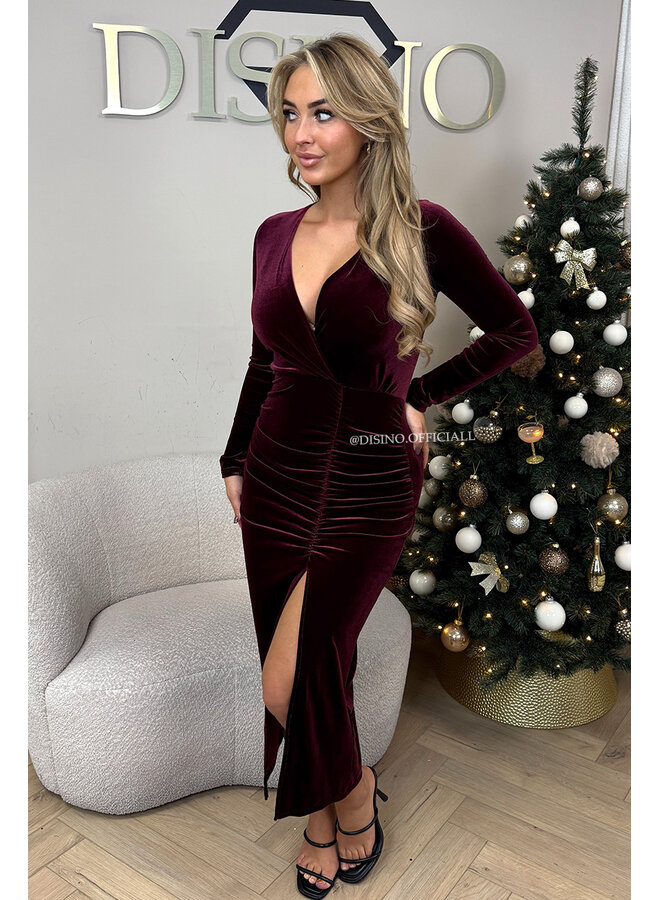 BORDEAUX - 'ELENA DRESS' - VELVET SPLIT MIDI DRESS