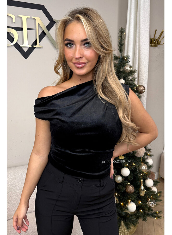BLACK - 'ELIZE TOP' - VELVET ONE SHOULDER TOP