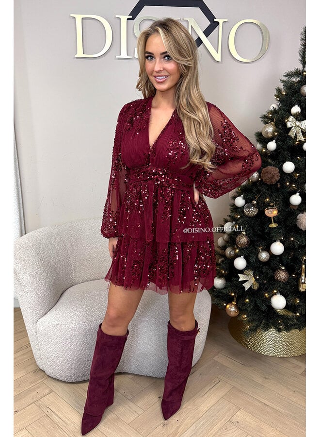 BORDEAUX - 'JAIMEE DRESS' - EXCLUSIVE A-LINE SEQUIN LONG SLEEVE DRESS