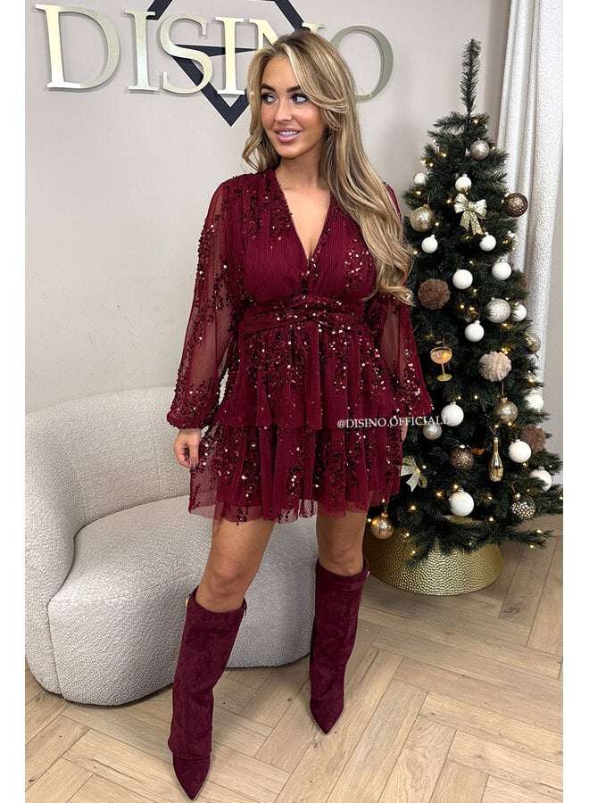 BORDEAUX - 'JAIMEE DRESS' - EXCLUSIVE A-LINE SEQUIN LONG SLEEVE DRESS