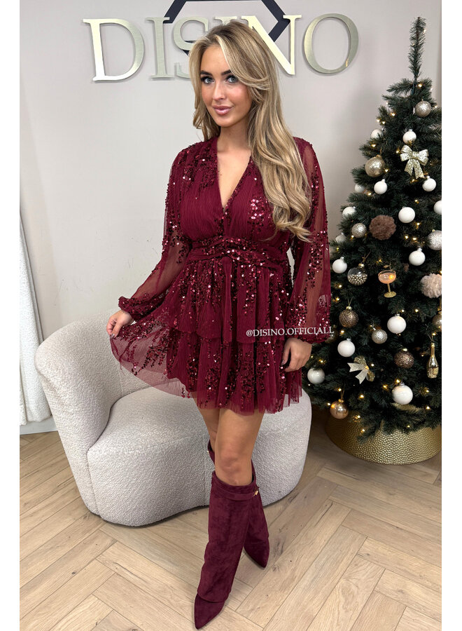 BORDEAUX - 'JAIMEE DRESS' - EXCLUSIVE A-LINE SEQUIN LONG SLEEVE DRESS