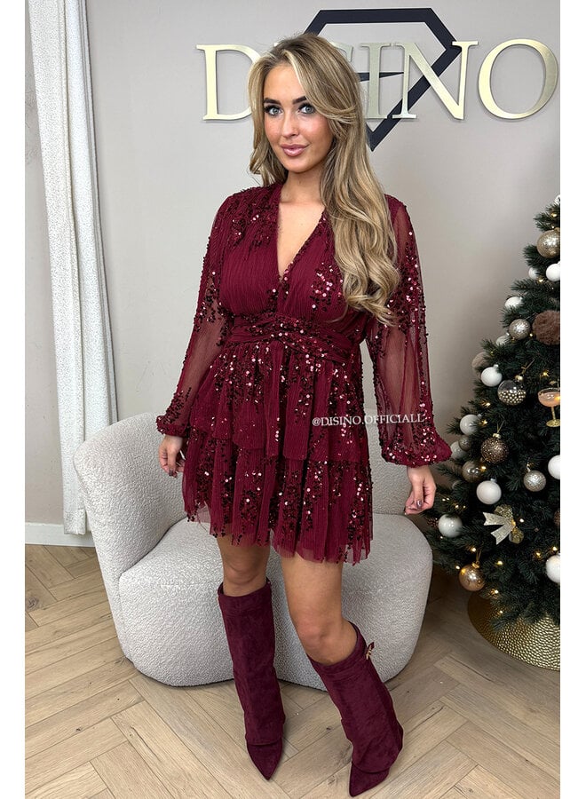 BORDEAUX - 'JAIMEE DRESS' - EXCLUSIVE A-LINE SEQUIN LONG SLEEVE DRESS