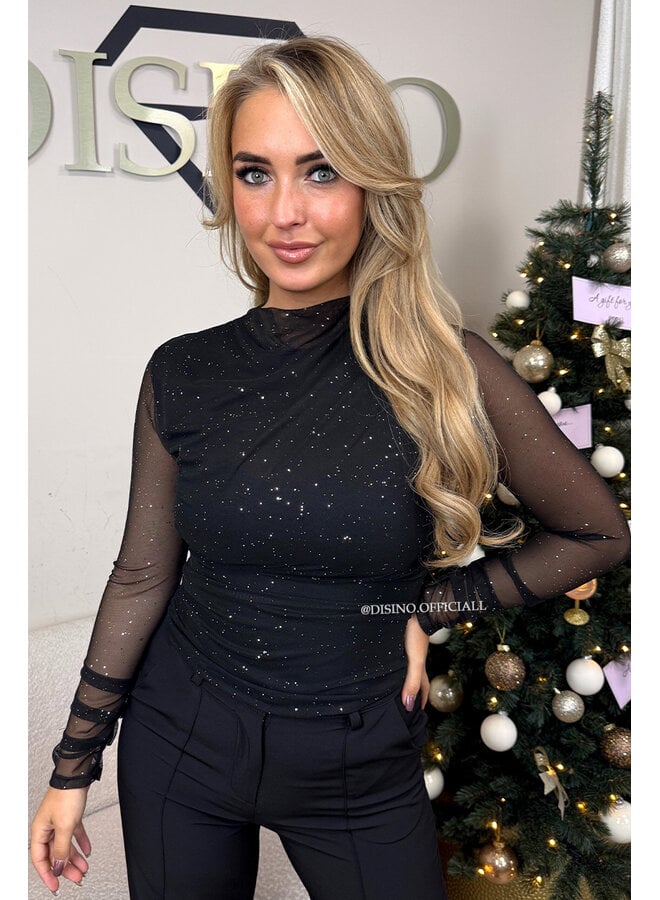 BLACK - 'LURA TOP' - MESH SPARKLE LONG SLEEVE TOP