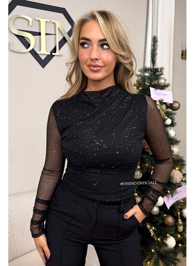 BLACK - 'LURA TOP' - MESH SPARKLE LONG SLEEVE TOP