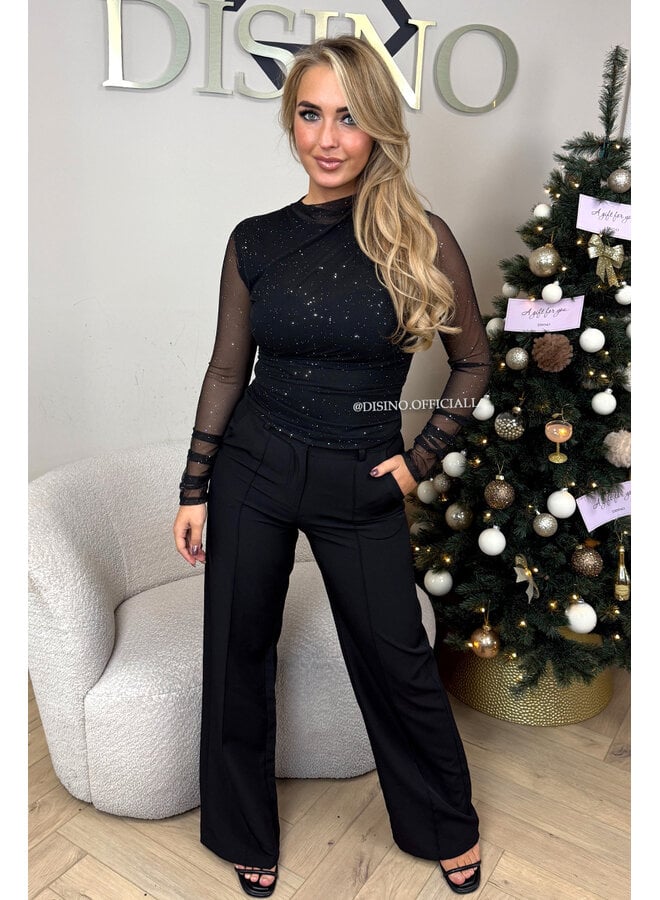 BLACK - 'LURA TOP' - MESH SPARKLE LONG SLEEVE TOP