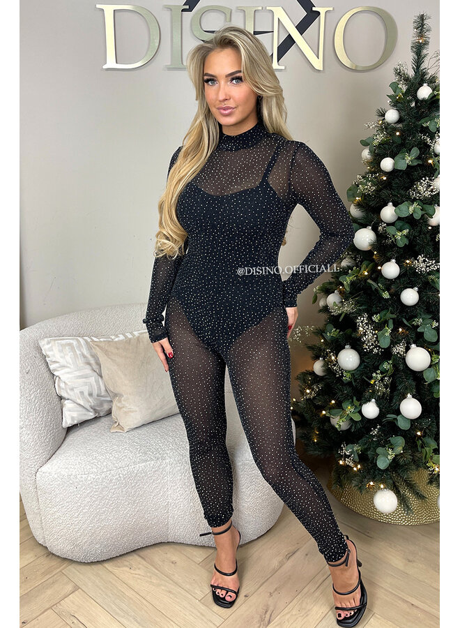 BLACK - 'BLAKE JUMPSUIT' - ALL OVER RHINESTONE & DIAMONDS JUMPSUIT