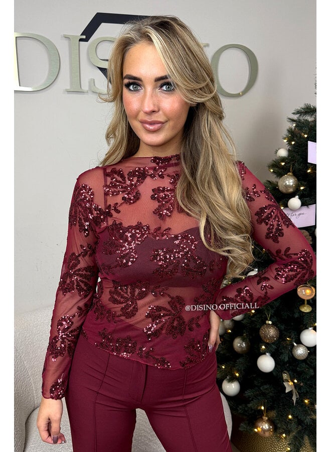 BORDEAUX - 'JULIA TOP' - SEQUIN ALL OVER LONG SLEEVE TOP