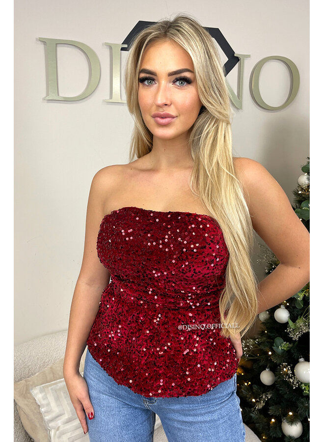 BORDEAUX - 'MILA TOP' - SEQUIN & VELVET PEPLUM PARTY TOP