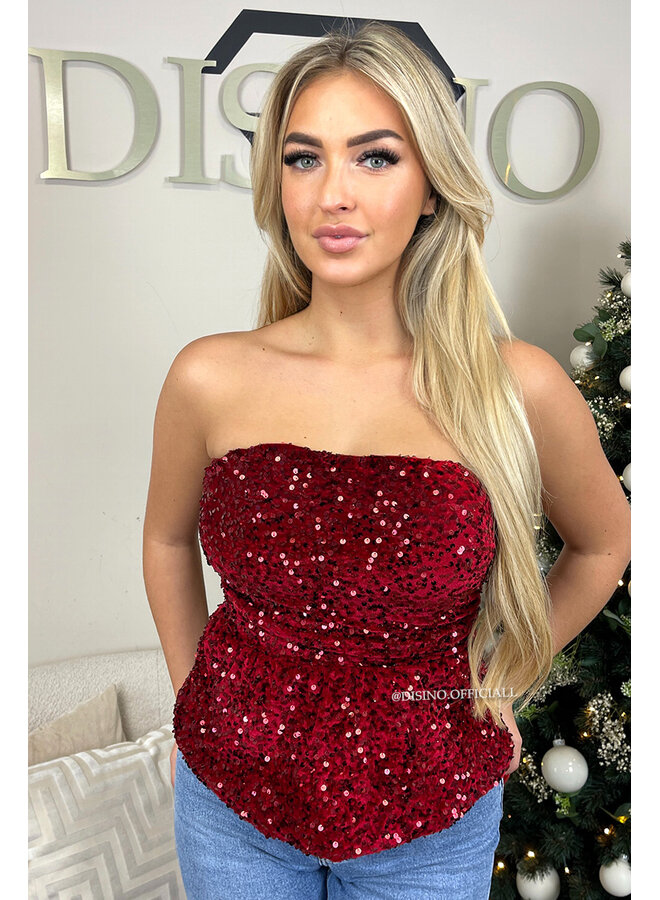 BORDEAUX - 'MILA TOP' - SEQUIN & VELVET PEPLUM PARTY TOP