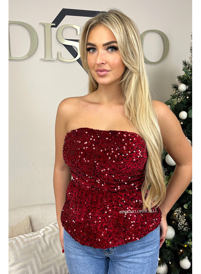 BORDEAUX - 'MILA TOP' - SEQUIN & VELVET PEPLUM PARTY TOP