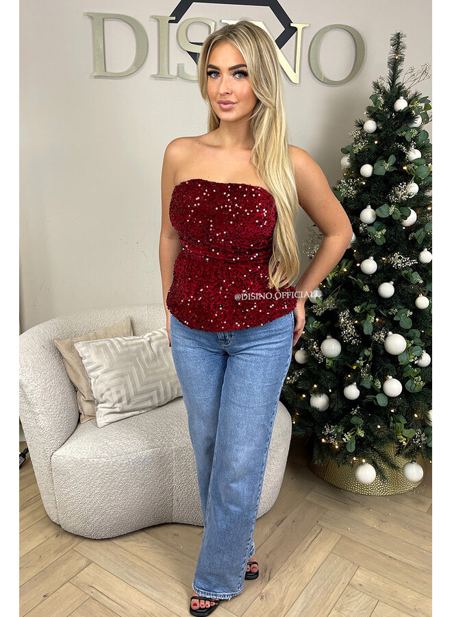 BORDEAUX - 'MILA TOP' - SEQUIN & VELVET PEPLUM PARTY TOP