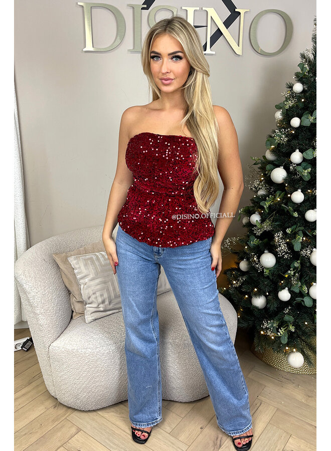 BORDEAUX - 'MILA TOP' - SEQUIN & VELVET PEPLUM PARTY TOP