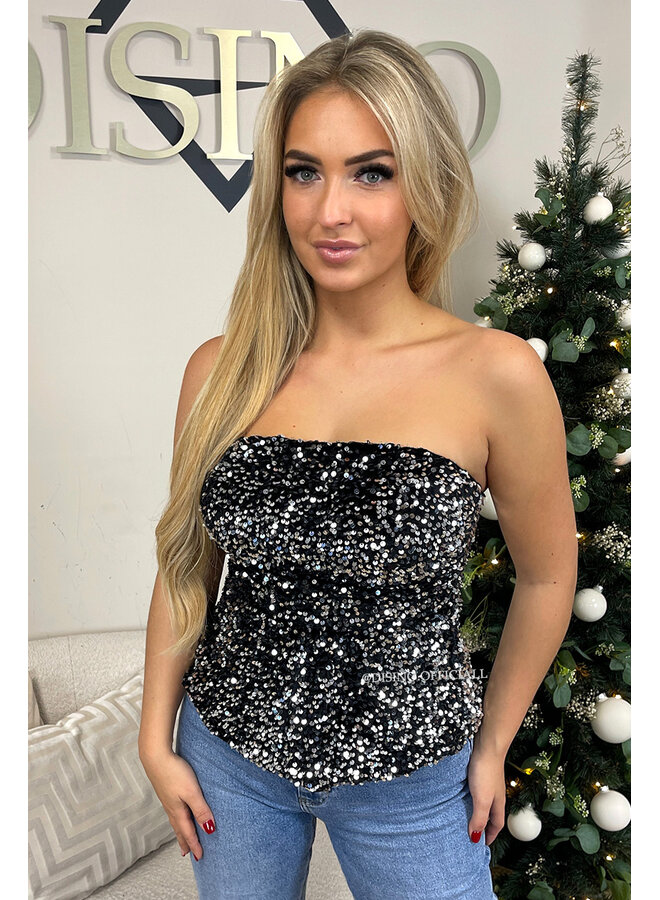 SILVER - 'MILA TOP' - SEQUIN & VELVET PEPLUM PARTY TOP