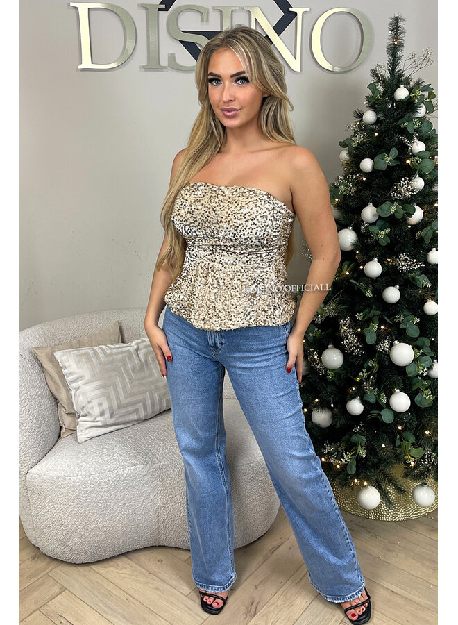 BEIGE - 'MILA TOP' - SEQUIN & VELVET PEPLUM PARTY TOP