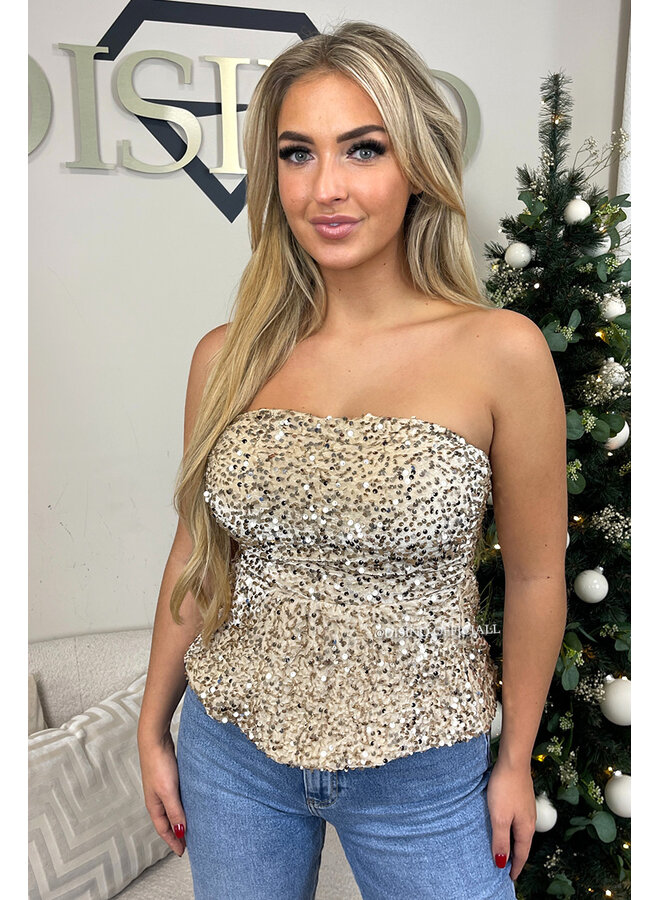 BEIGE - 'MILA TOP' - SEQUIN & VELVET PEPLUM PARTY TOP