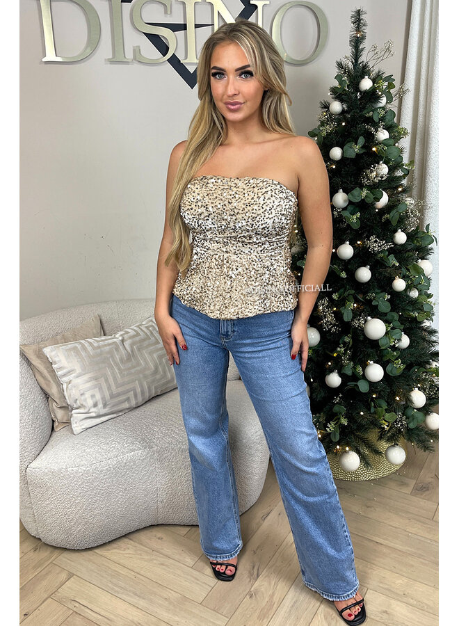 BEIGE - 'MILA TOP' - SEQUIN & VELVET PEPLUM PARTY TOP