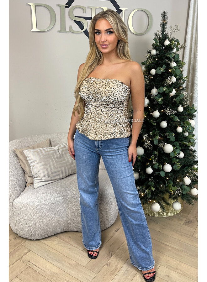 BEIGE - 'MILA TOP' - SEQUIN & VELVET PEPLUM PARTY TOP