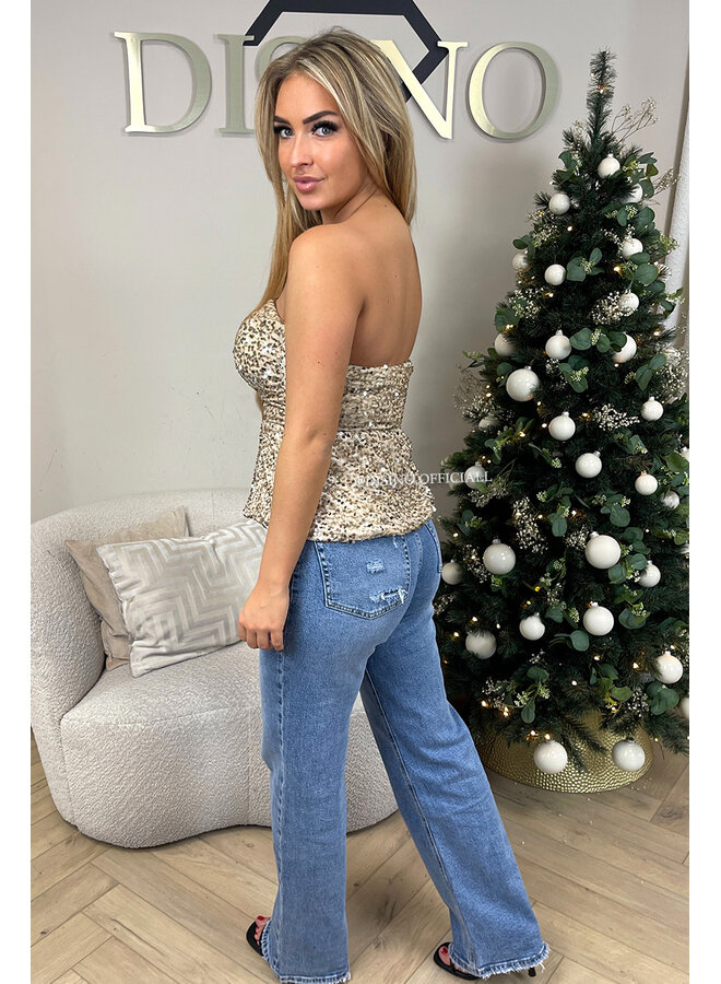 BEIGE - 'MILA TOP' - SEQUIN & VELVET PEPLUM PARTY TOP