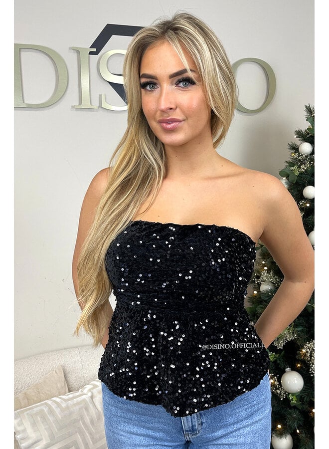 BLACK - 'MILA TOP' - SEQUIN & VELVET PEPLUM PARTY TOP