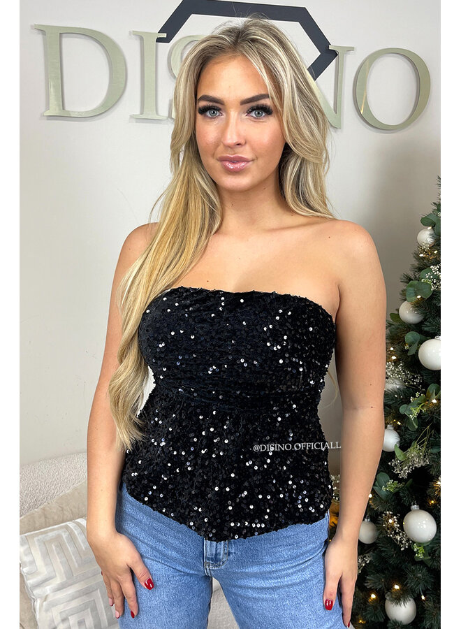 BLACK - 'MILA TOP' - SEQUIN & VELVET PEPLUM PARTY TOP