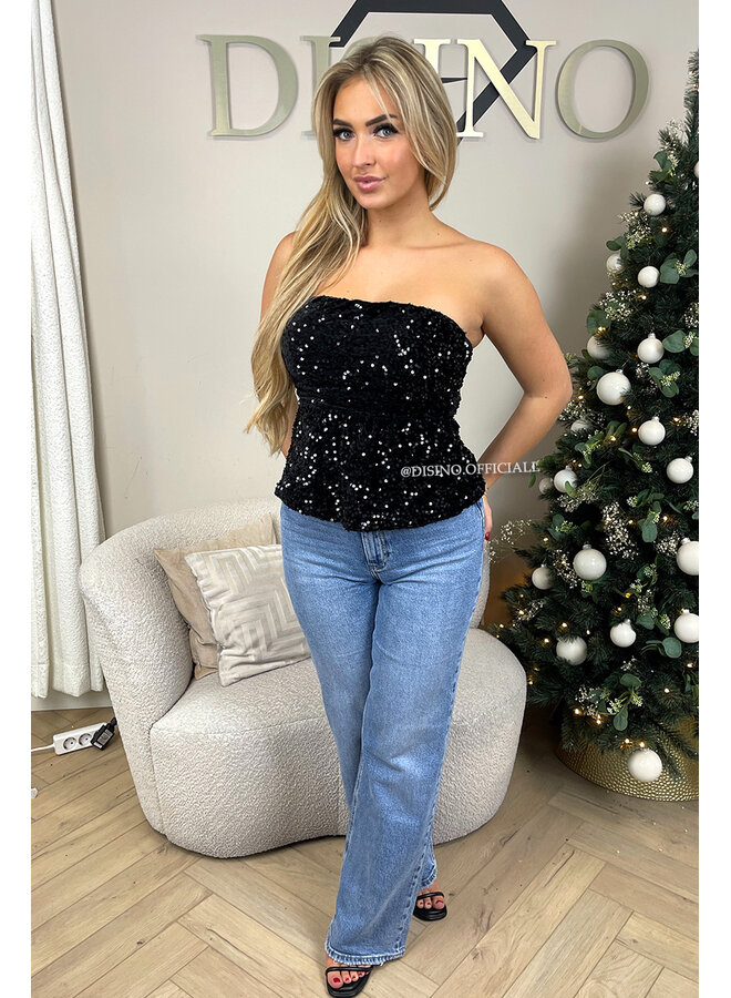 BLACK - 'MILA TOP' - SEQUIN & VELVET PEPLUM PARTY TOP