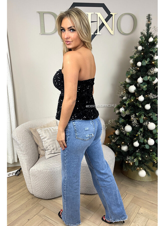 BLACK - 'MILA TOP' - SEQUIN & VELVET PEPLUM PARTY TOP