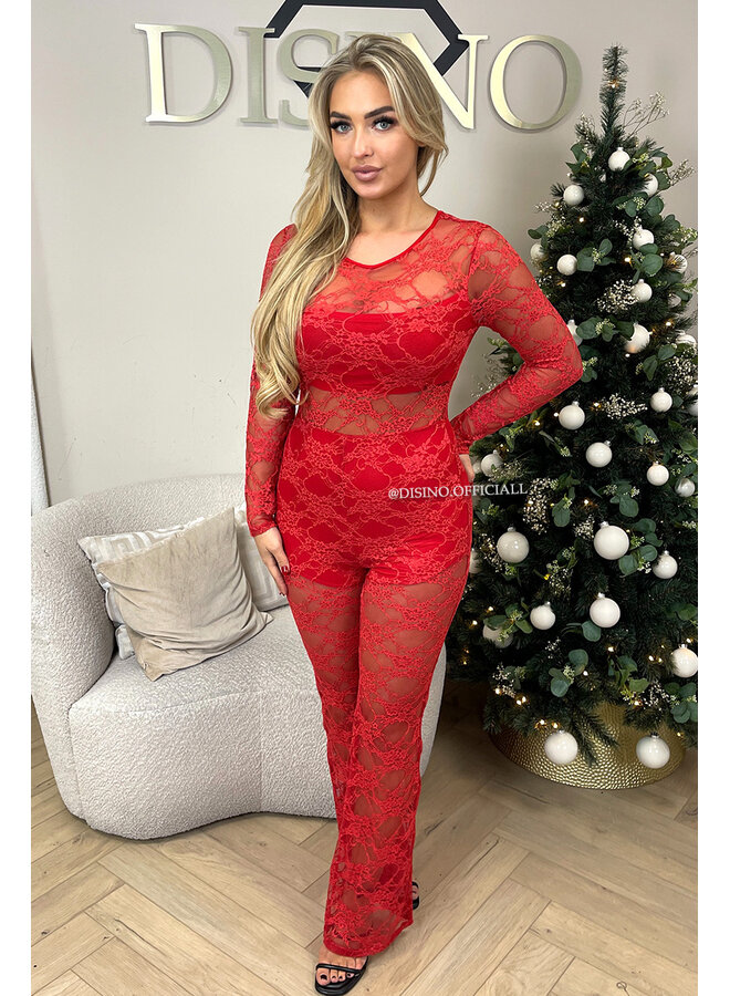 RED - 'CIARA JUMPSUIT' - ALL OVER LACE JUMPSUIT