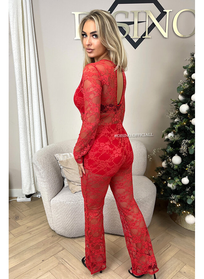 RED - 'CIARA JUMPSUIT' - ALL OVER LACE JUMPSUIT