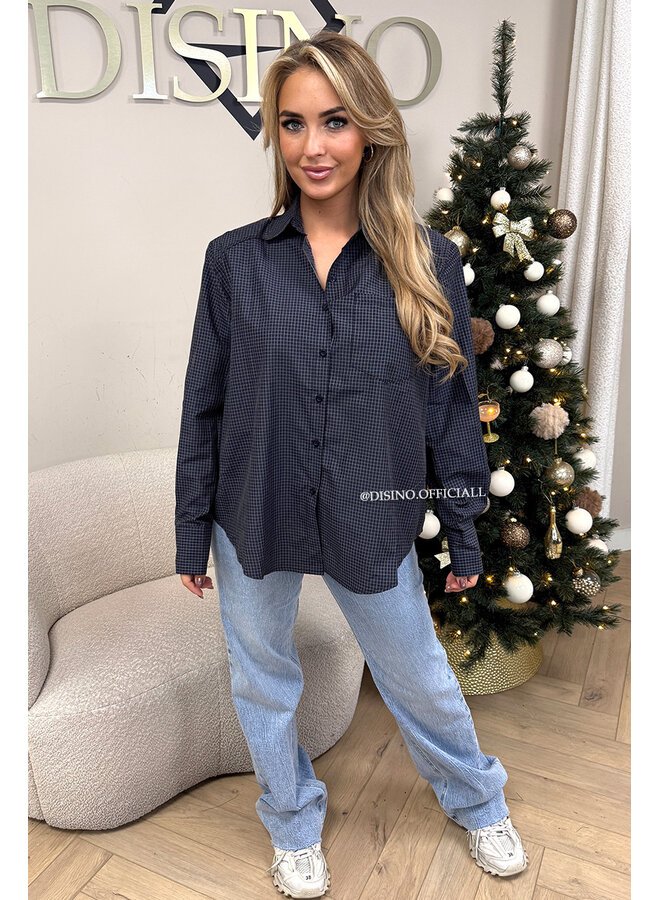 NAVY BLUE - 'ROMEE BLOUSE' - CHECKED PUFF SHOULDER BLOUSE