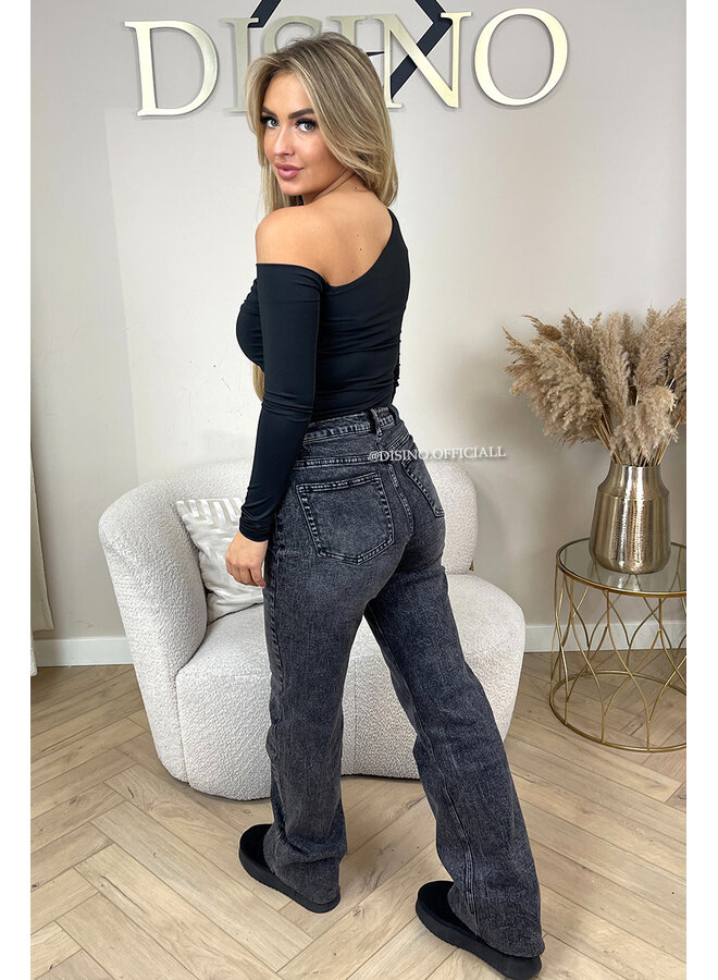WASHED BLACK - 'VANCOUVER' - STRETCH EXTRA LONG WIDE LEG JEANS