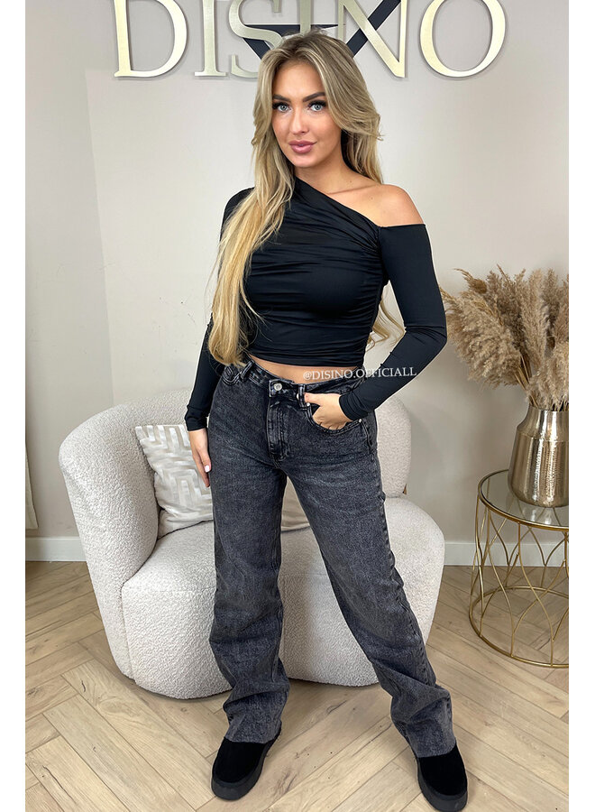 WASHED BLACK - 'VANCOUVER' - STRETCH EXTRA LONG WIDE LEG JEANS