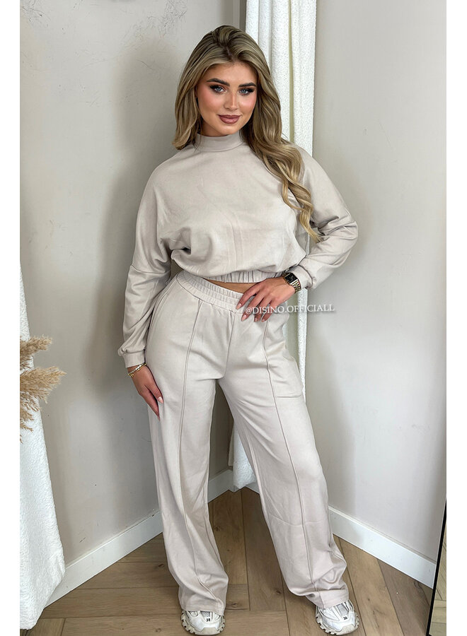 BEIGE - 'EVI SET' - PREMIUM QUALITY WIDE LEG + SWEATER TWO PIECE SET