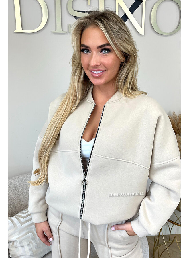 BEIGE - 'HARPER ZIPPER SET' - PREMIUM QUALITY FLEECE ZIPPER VEST + WIDE LEG JOGGER SET