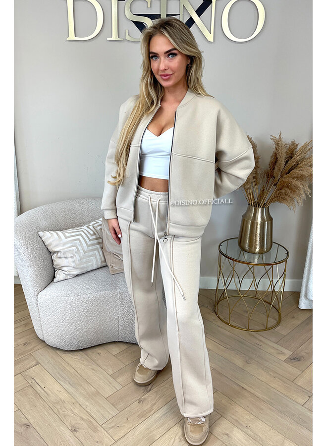 BEIGE - 'HARPER ZIPPER SET' - PREMIUM QUALITY FLEECE ZIPPER VEST + WIDE LEG JOGGER SET
