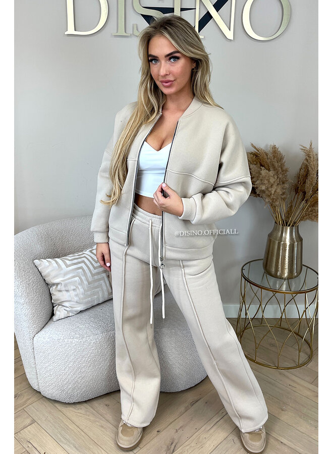 BEIGE - 'HARPER ZIPPER SET' - PREMIUM QUALITY FLEECE ZIPPER VEST + WIDE LEG JOGGER SET