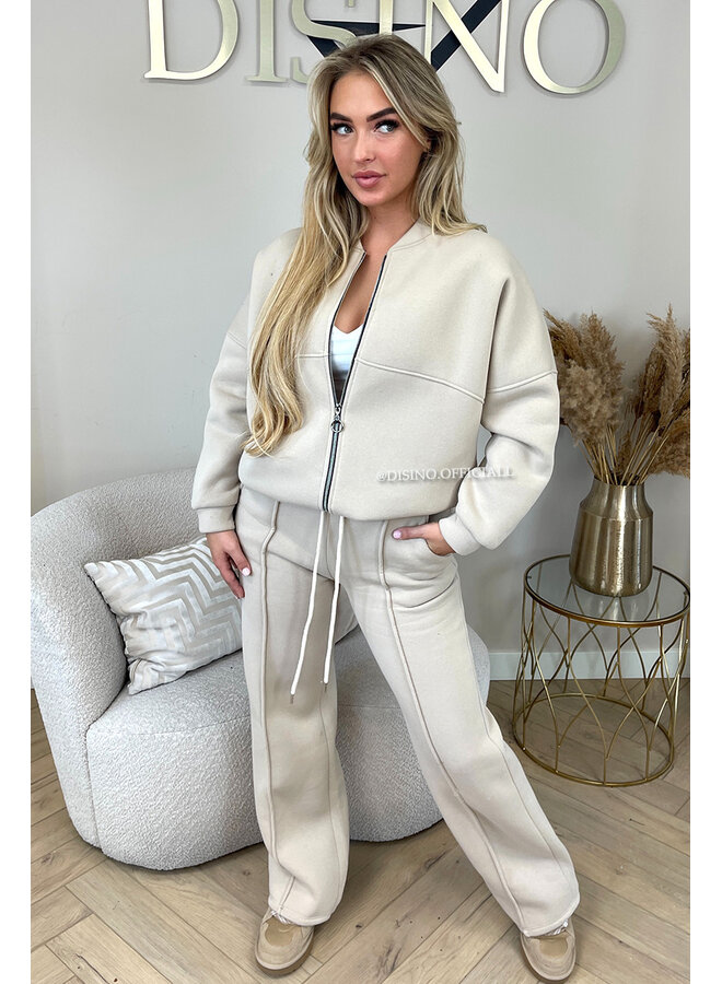 BEIGE - 'HARPER ZIPPER SET' - PREMIUM QUALITY FLEECE ZIPPER VEST + WIDE LEG JOGGER SET