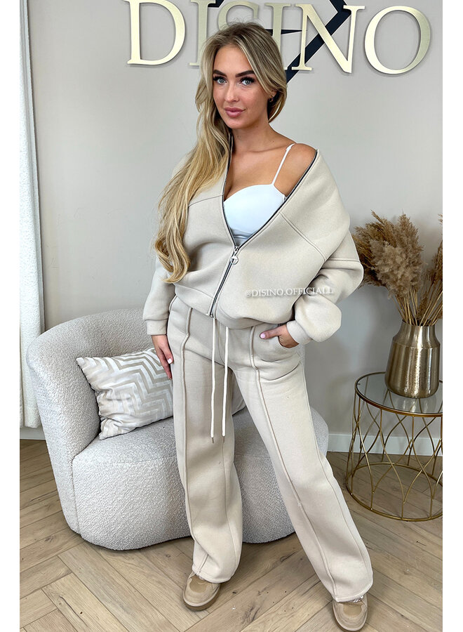 BEIGE - 'HARPER ZIPPER SET' - PREMIUM QUALITY FLEECE ZIPPER VEST + WIDE LEG JOGGER SET