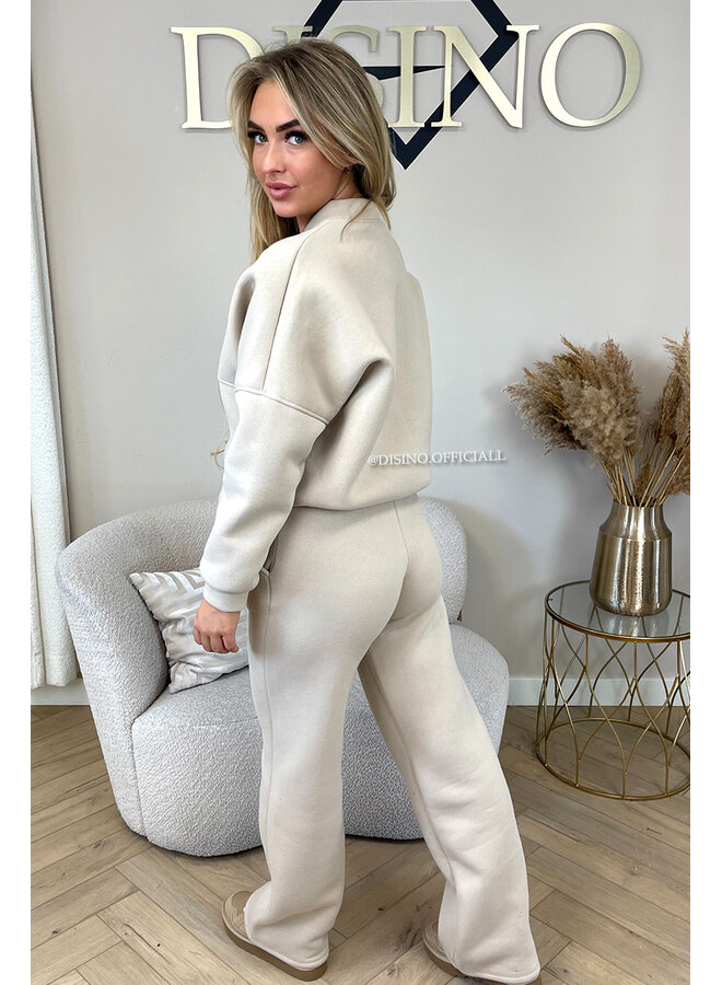 BEIGE - 'HARPER ZIPPER SET' - PREMIUM QUALITY FLEECE ZIPPER VEST + WIDE LEG JOGGER SET