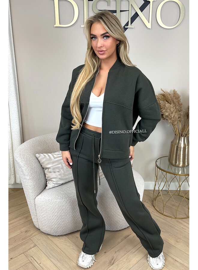 ARMY GREEN - 'HARPER ZIPPER SET' - PREMIUM QUALITY FLEECE ZIPPER VEST + WIDE LEG JOGGER SET