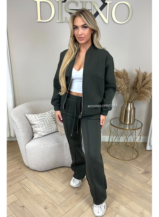 ARMY GREEN - 'HARPER ZIPPER SET' - PREMIUM QUALITY FLEECE ZIPPER VEST + WIDE LEG JOGGER SET