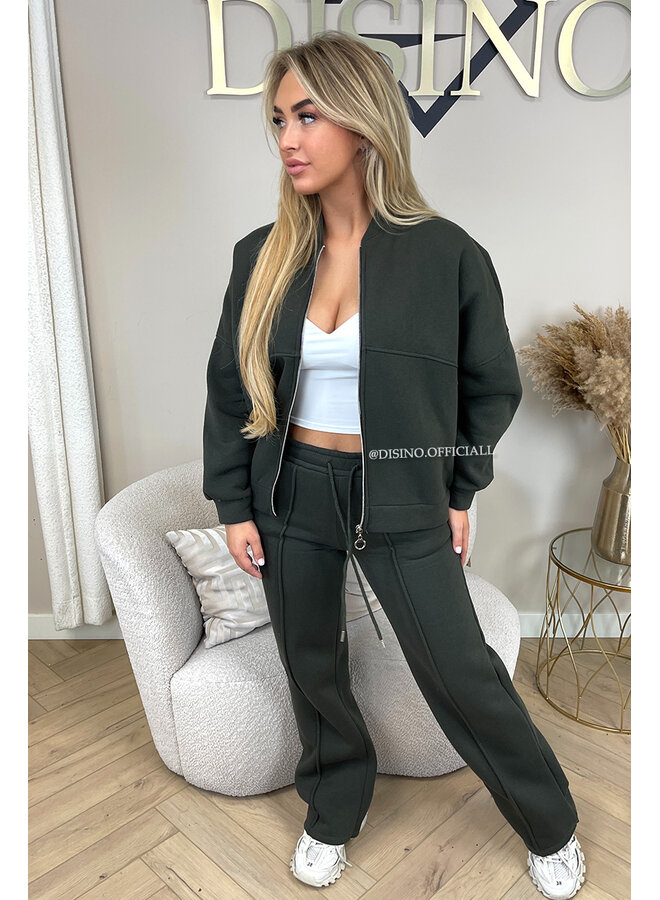 ARMY GREEN - 'HARPER ZIPPER SET' - PREMIUM QUALITY FLEECE ZIPPER VEST + WIDE LEG JOGGER SET