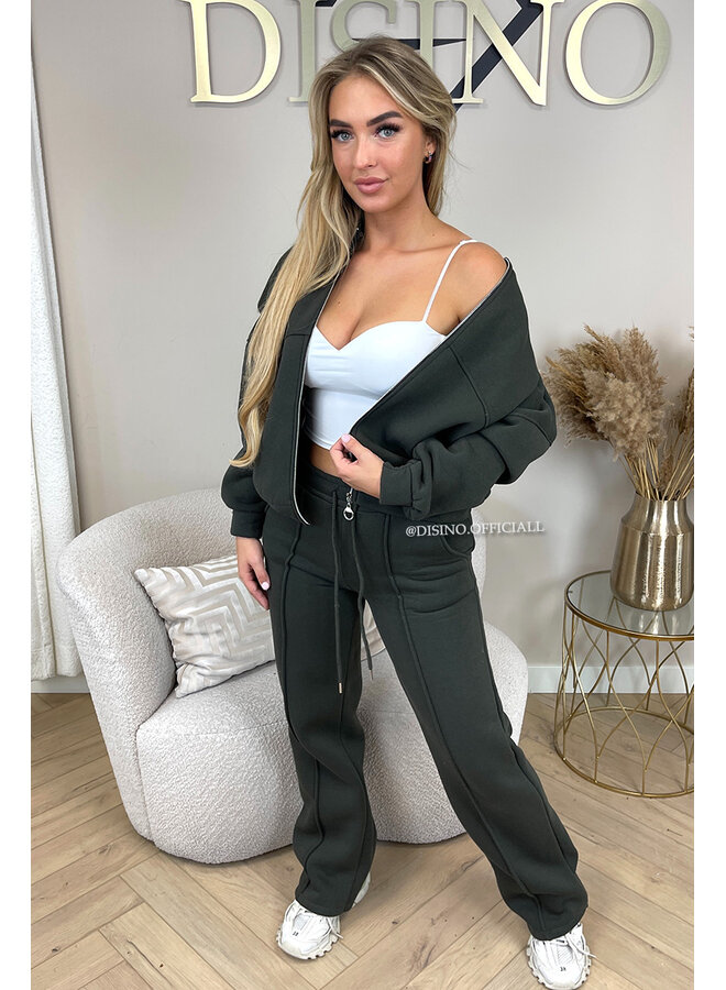 ARMY GREEN - 'HARPER ZIPPER SET' - PREMIUM QUALITY FLEECE ZIPPER VEST + WIDE LEG JOGGER SET