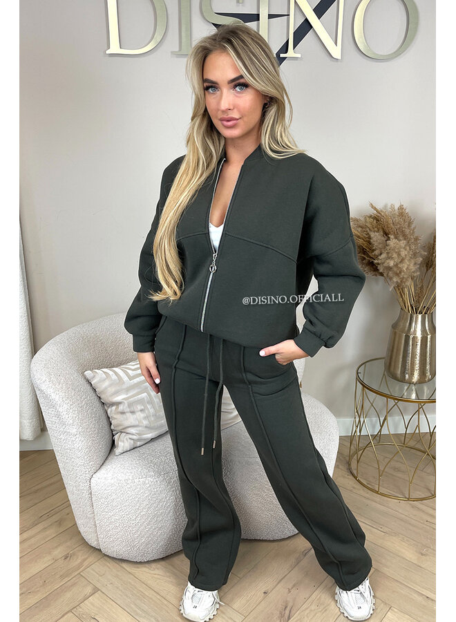 ARMY GREEN - 'HARPER ZIPPER SET' - PREMIUM QUALITY FLEECE ZIPPER VEST + WIDE LEG JOGGER SET