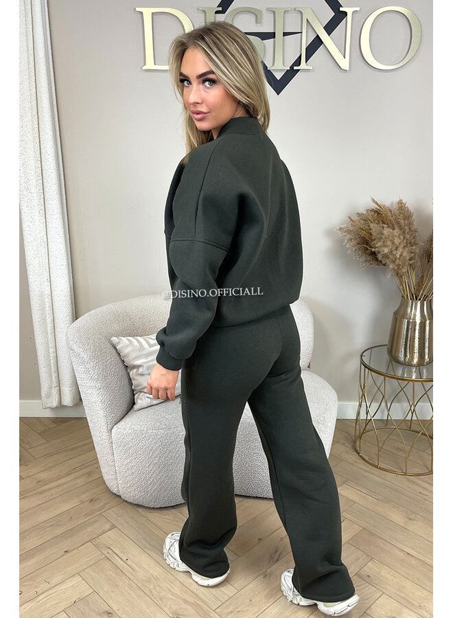 ARMY GREEN - 'HARPER ZIPPER SET' - PREMIUM QUALITY FLEECE ZIPPER VEST + WIDE LEG JOGGER SET